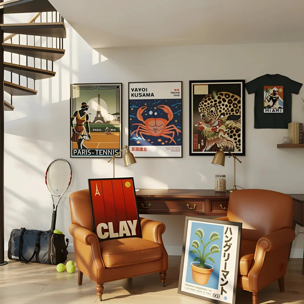Art gallery wall with framed prints, black-and-white museum atmosphere