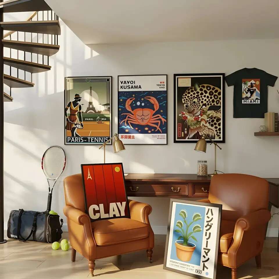 Wall of framed fine-art posters, from japonisme to vintage tennis
